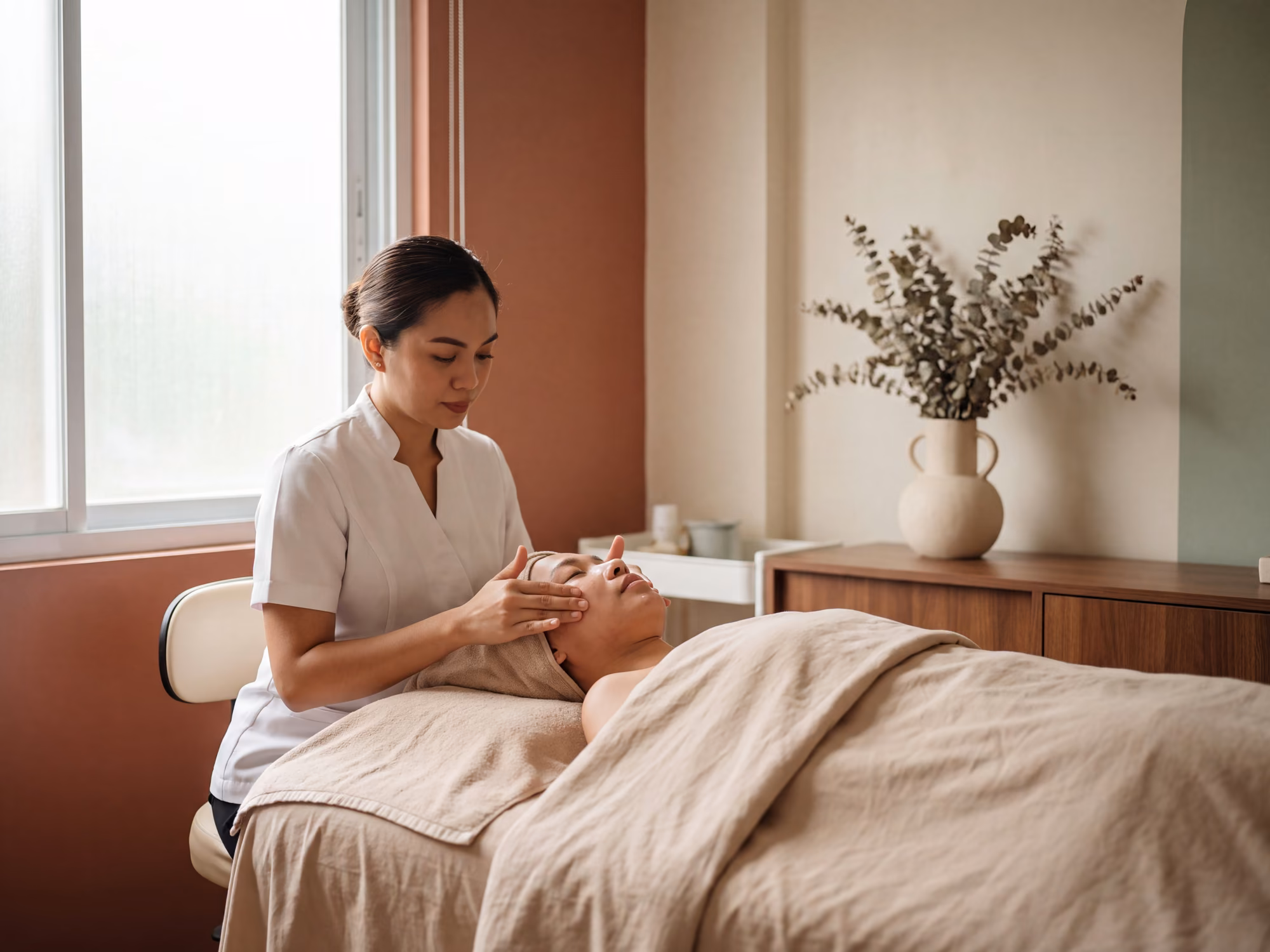 Aesthetician preparing a facial in a Metro Manila clinic treatment room