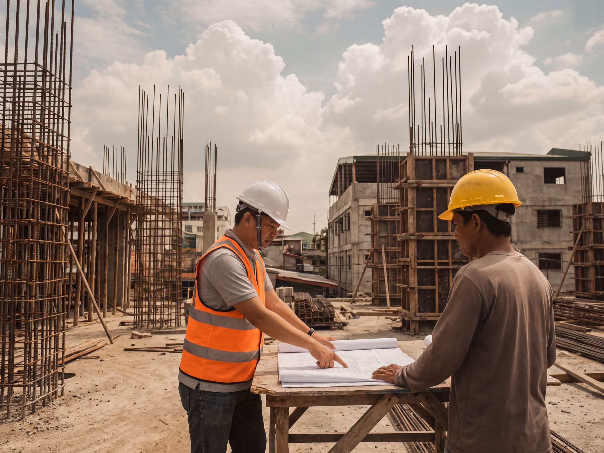 Site engineer and foreman reviewing plans on a Metro Manila construction site