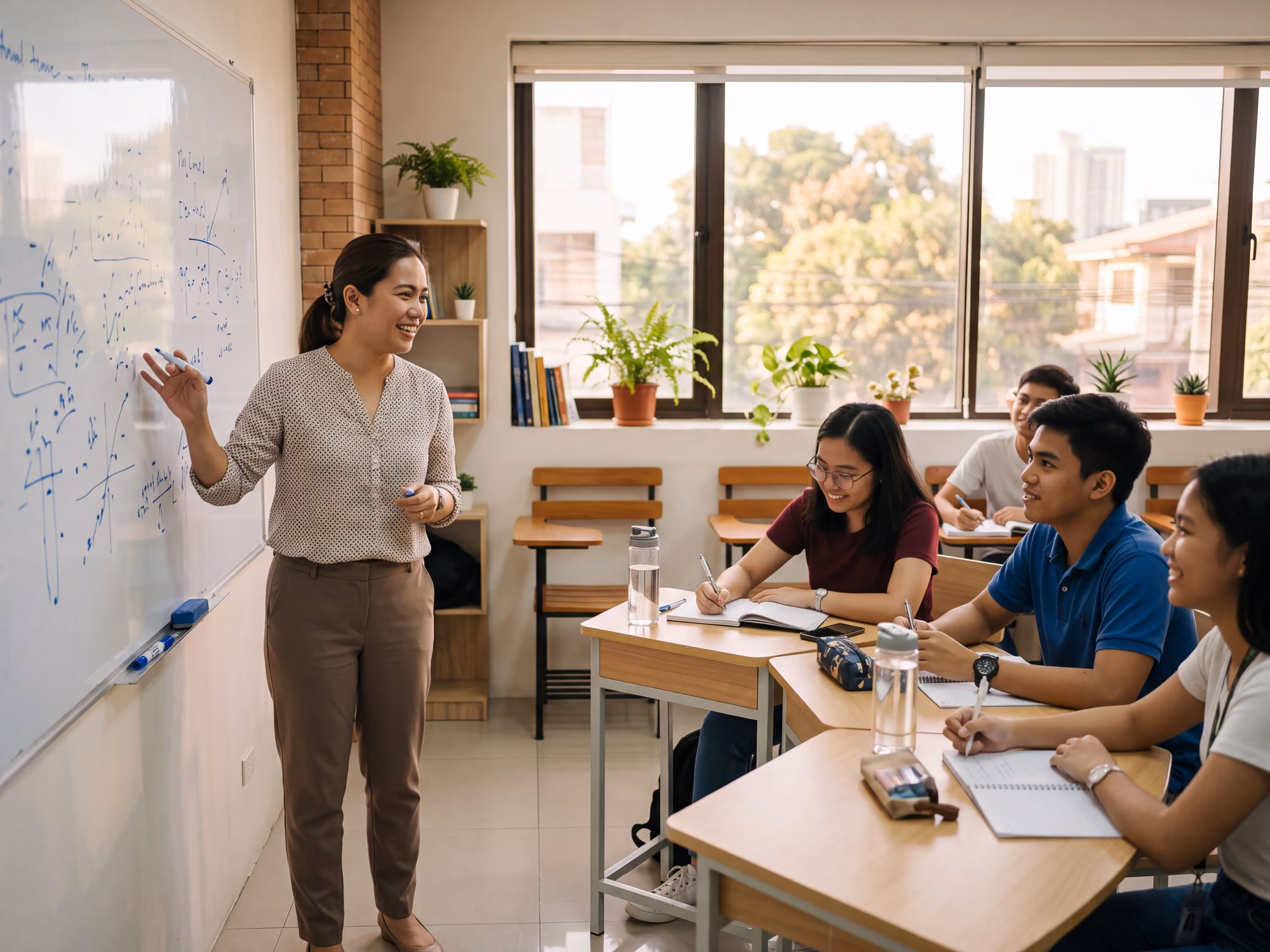Teacher at a whiteboard with a small class in a Metro Manila review centre