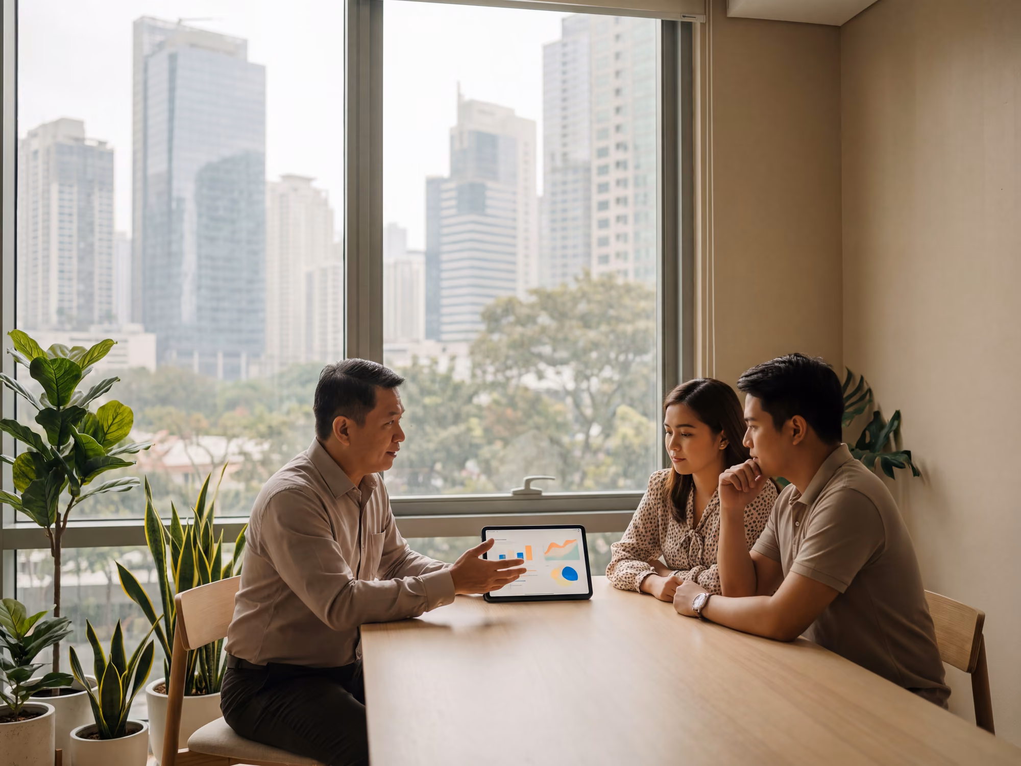Financial advisor meeting a young couple in a Makati office with a city view