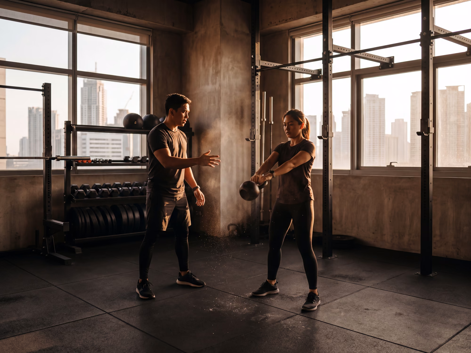Trainer coaching a kettlebell swing in a BGC strength gym at sunrise