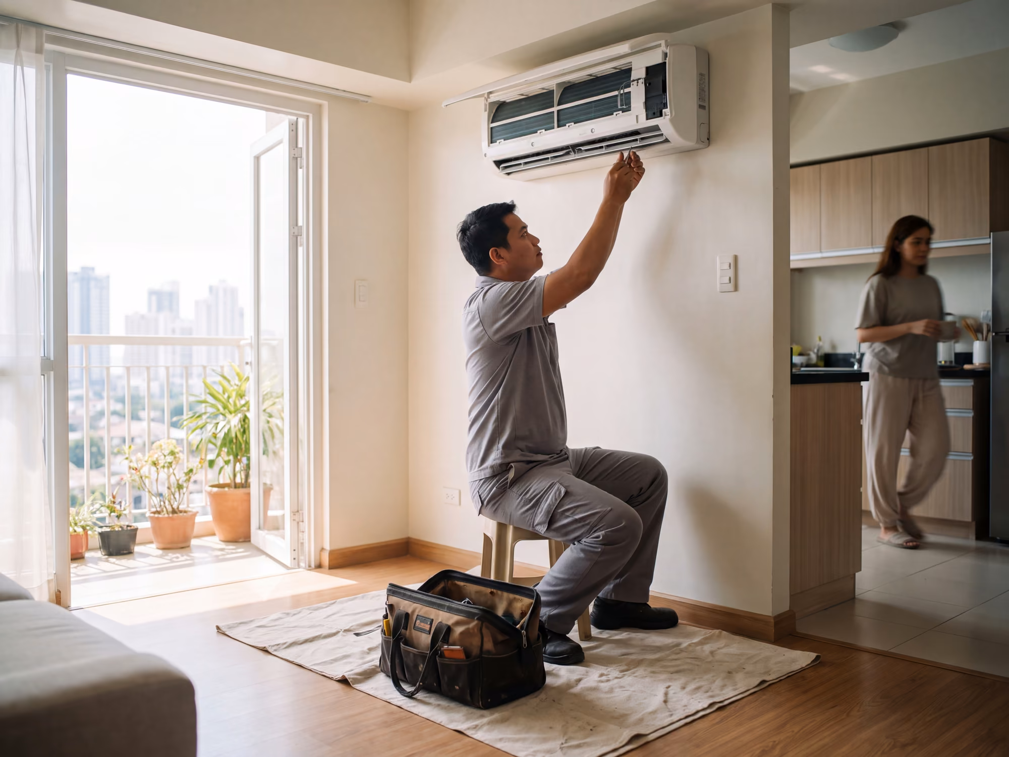 Technician servicing a split-type air conditioner in a Manila condominium