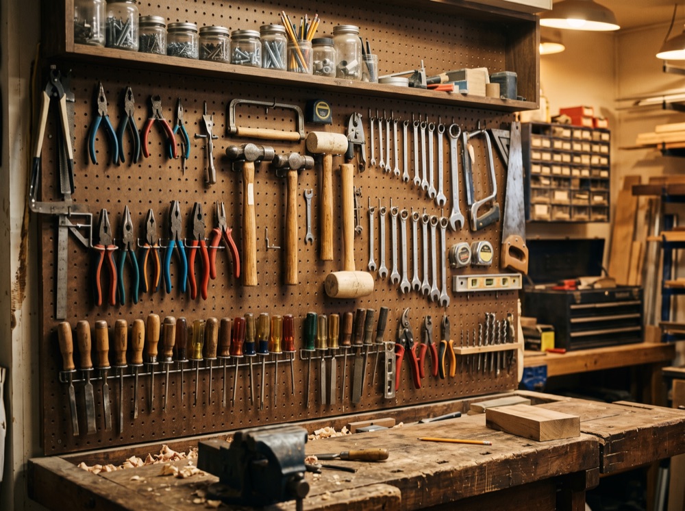 Organized workshop wall with hand tools on a pegboard
