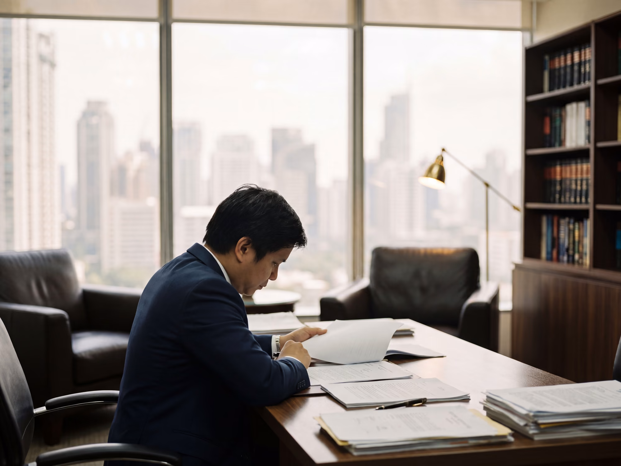 Lawyer reviewing documents in a Makati office with the skyline behind