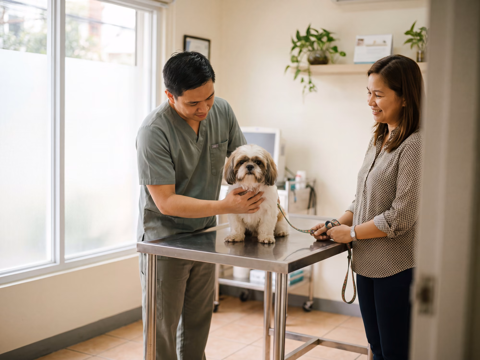 Veterinarian examining a shih tzu while the owner looks on