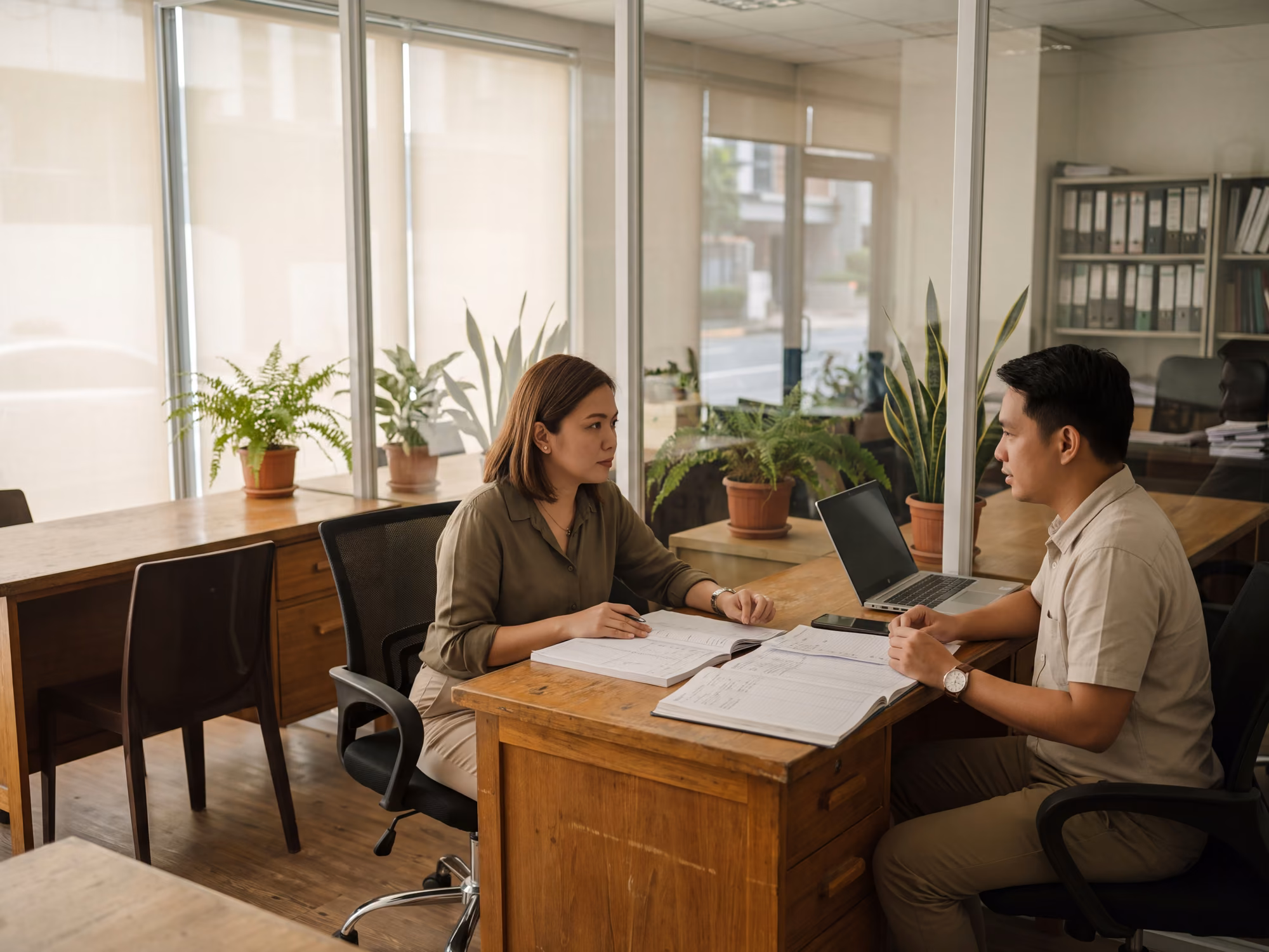 Two accountants working at a shared table in an Ortigas office