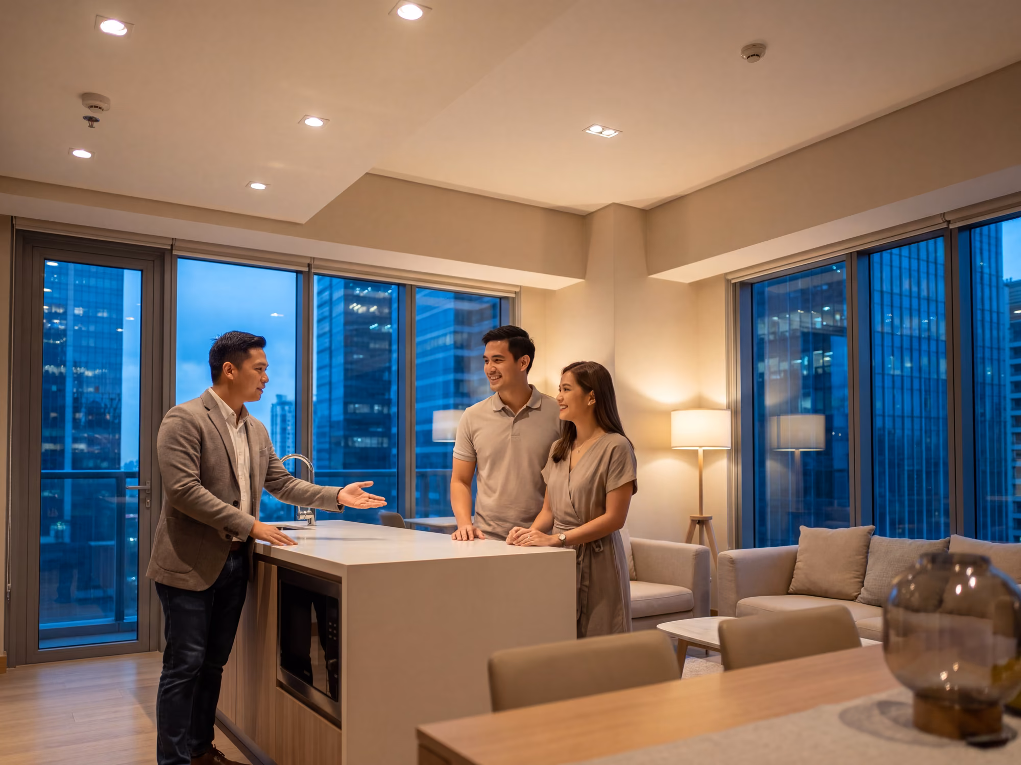 Property agent showing a couple a furnished condominium unit in BGC at dusk