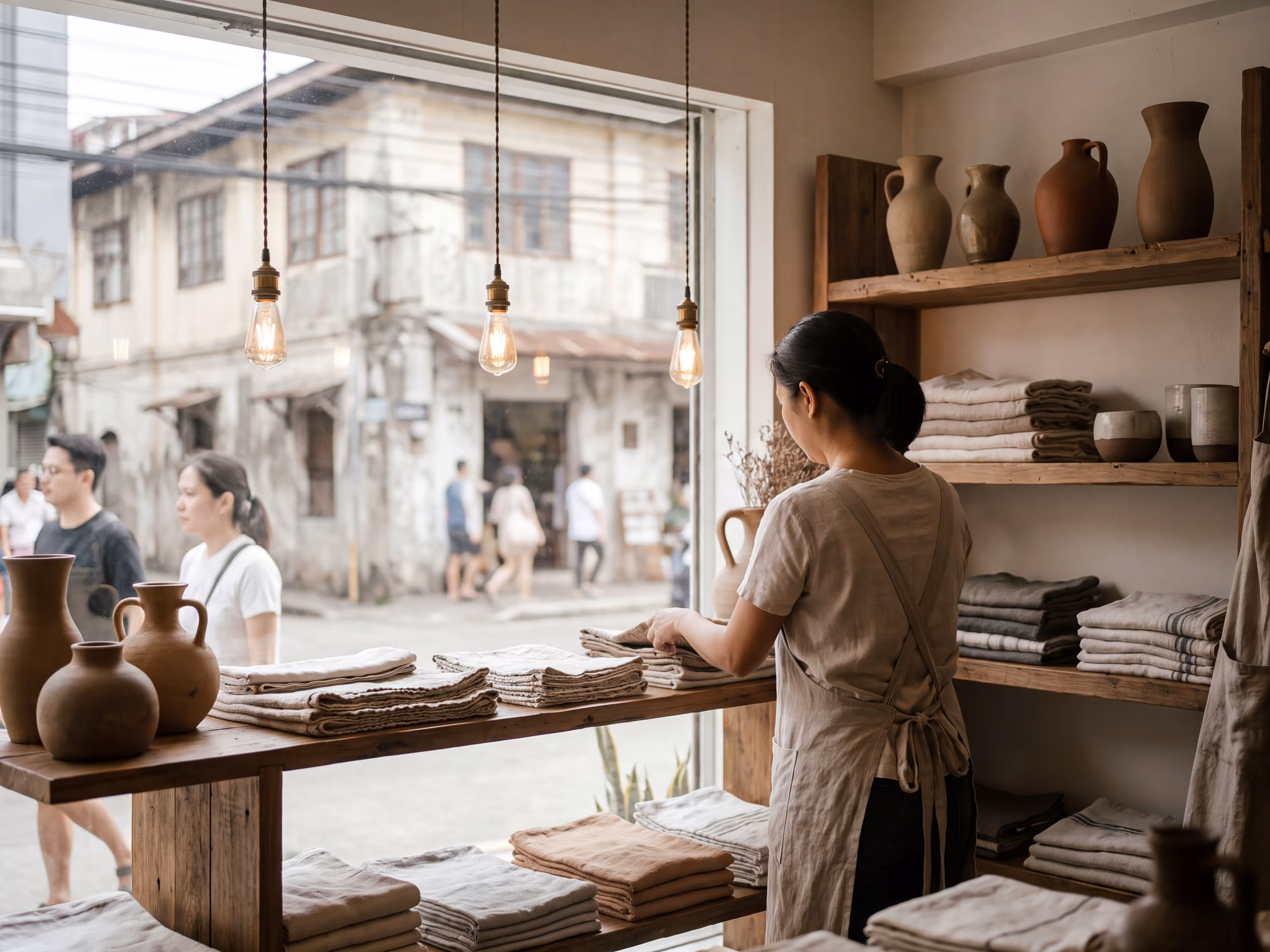 Shop owner arranging linen and ceramics in a Poblacion boutique