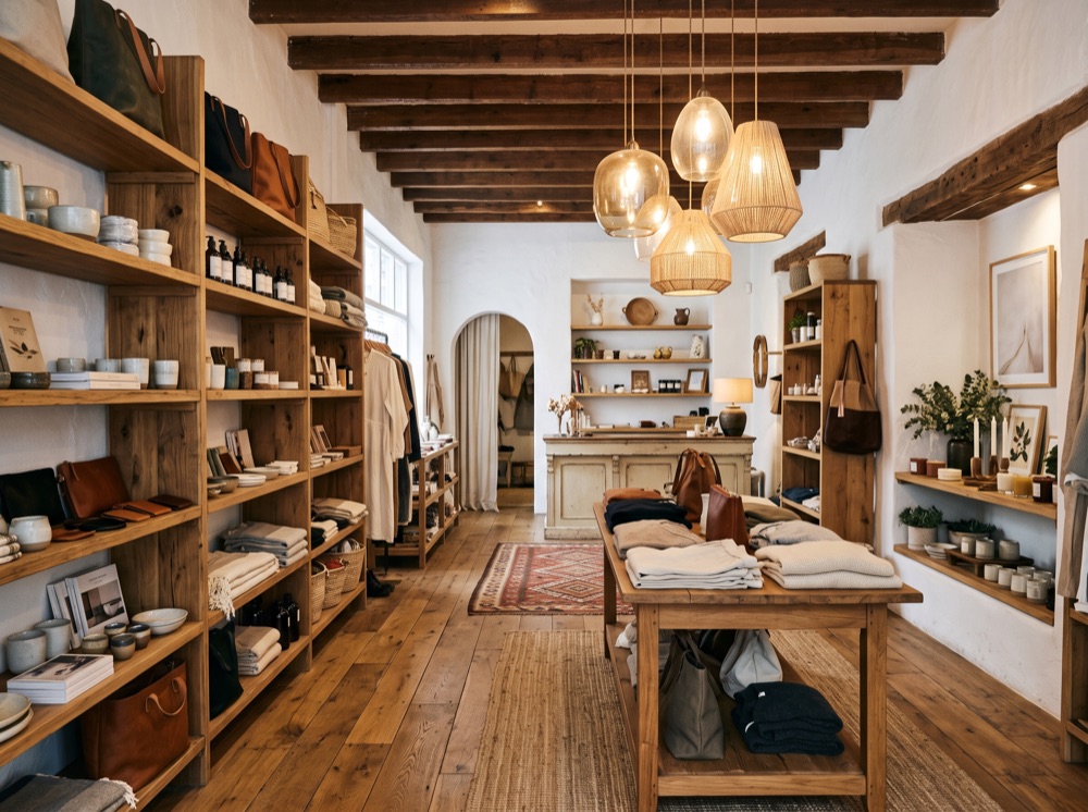 Warm boutique interior with wooden shelves and pendant lighting