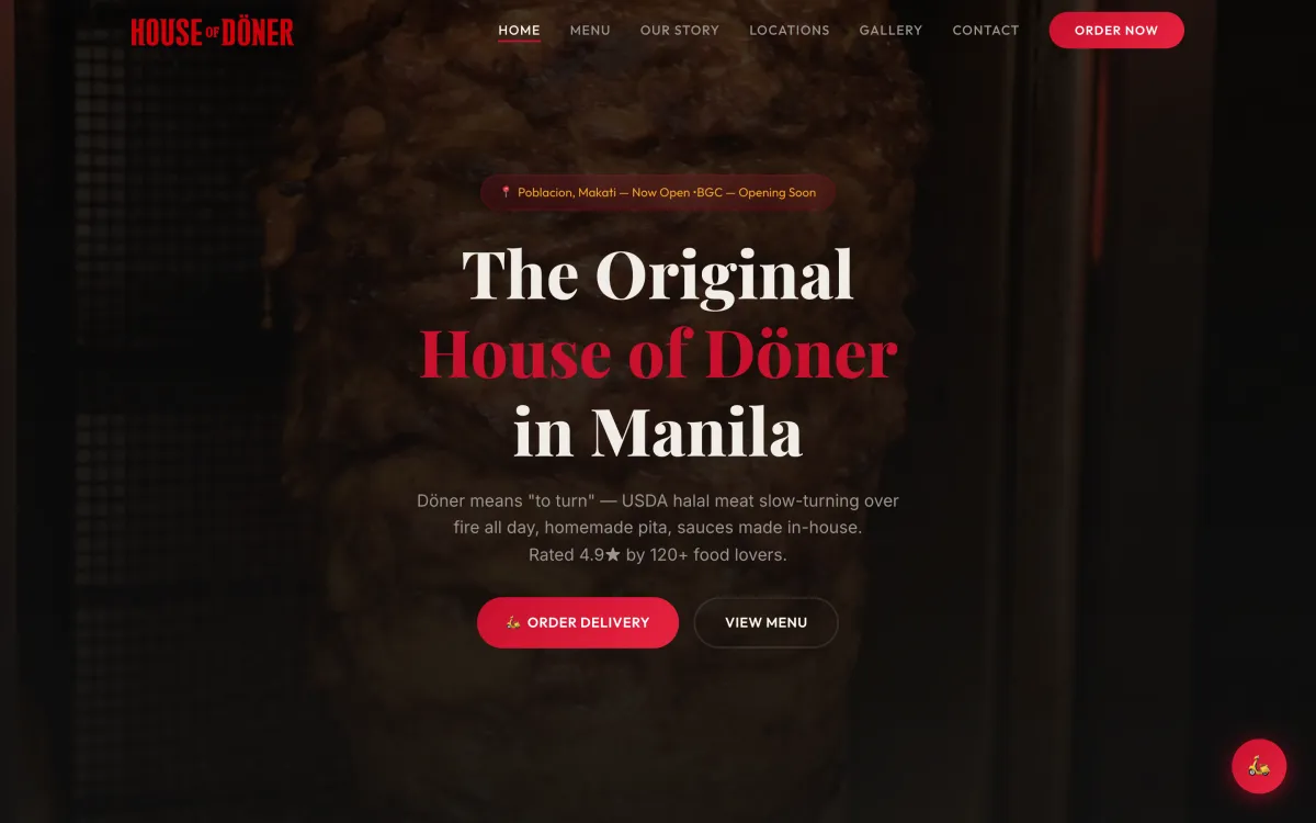 Fast-casual restaurant website with online ordering across branches
