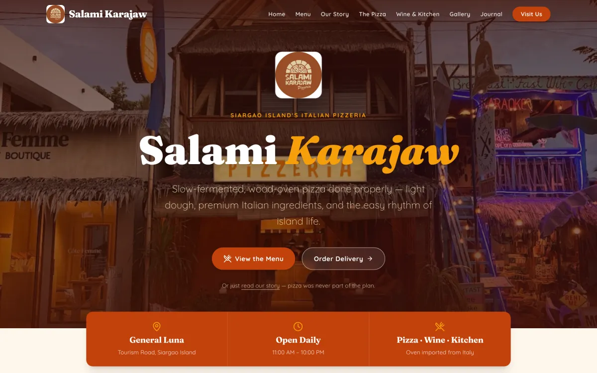 Wood-oven pizza restaurant website with a journal section