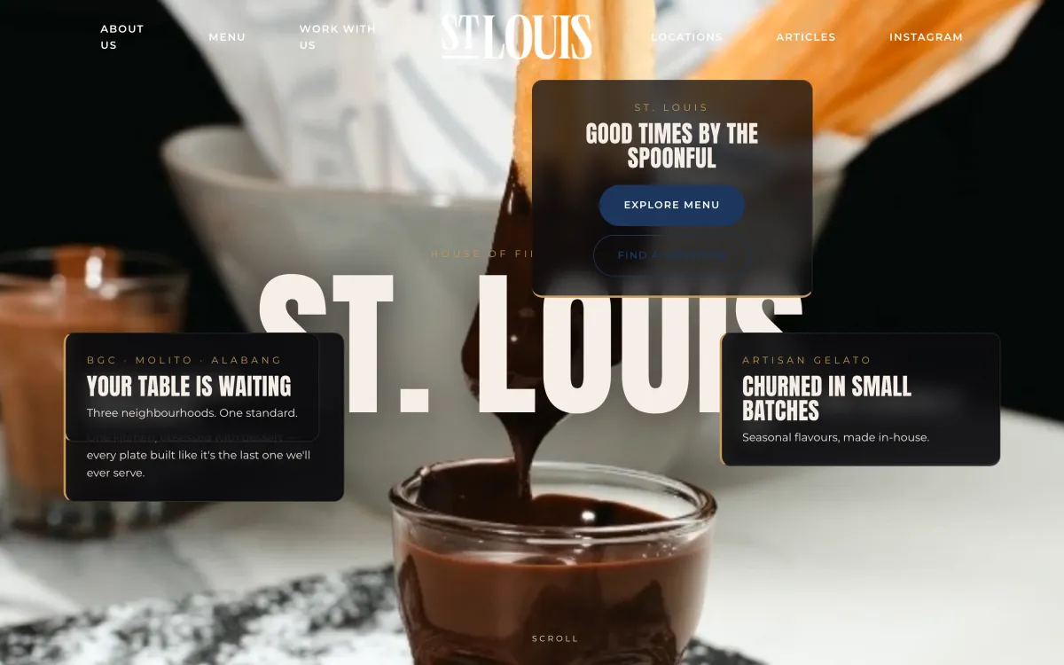 Dessert cafe website with a running articles section